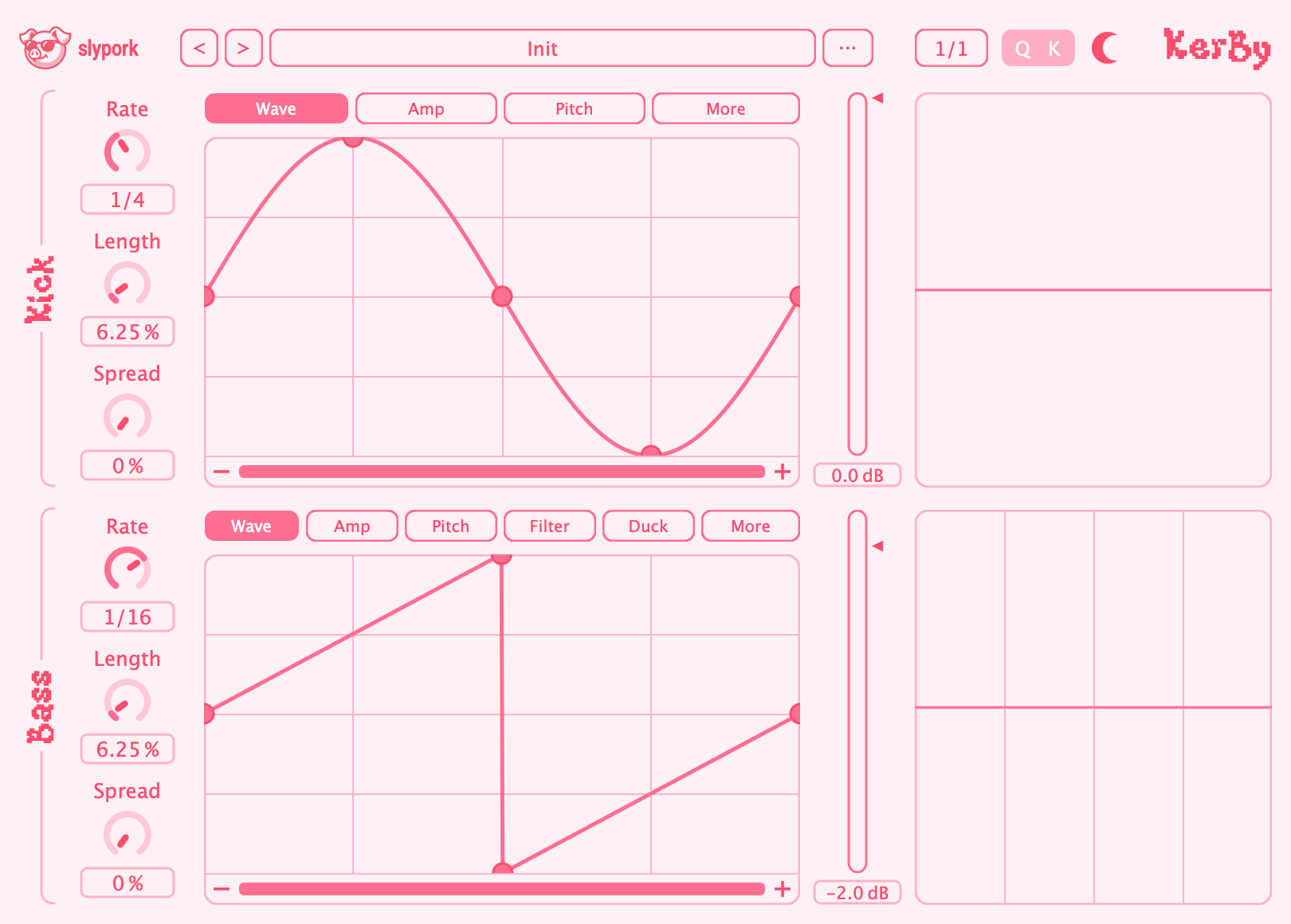 The KerBy plugin window: a Kick row above a Bass row, each with Rate, Length and Spread knobs, envelope tabs, a freeform curve editor, a level fader and a bar-synced scope.